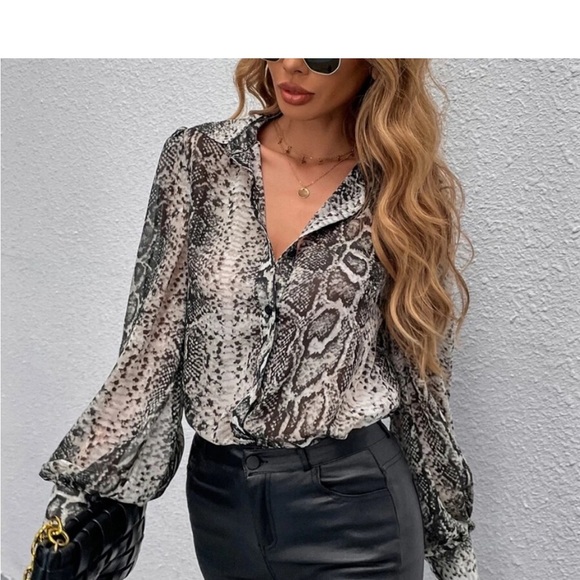 Snakeskin Print Cuffed Long Sleeve Sheer Top Blouse Button Down Shirt - Picture 10 of 12